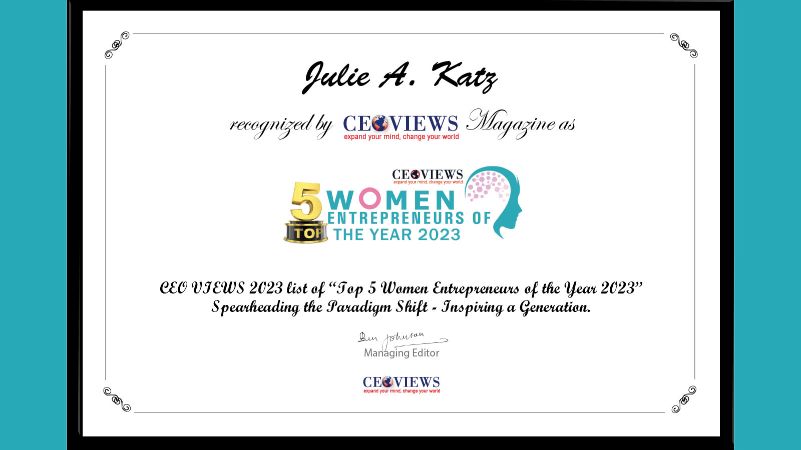 Julie A. Katz Named One of the Top 5 Women Entrepreneurs of the Year 2023