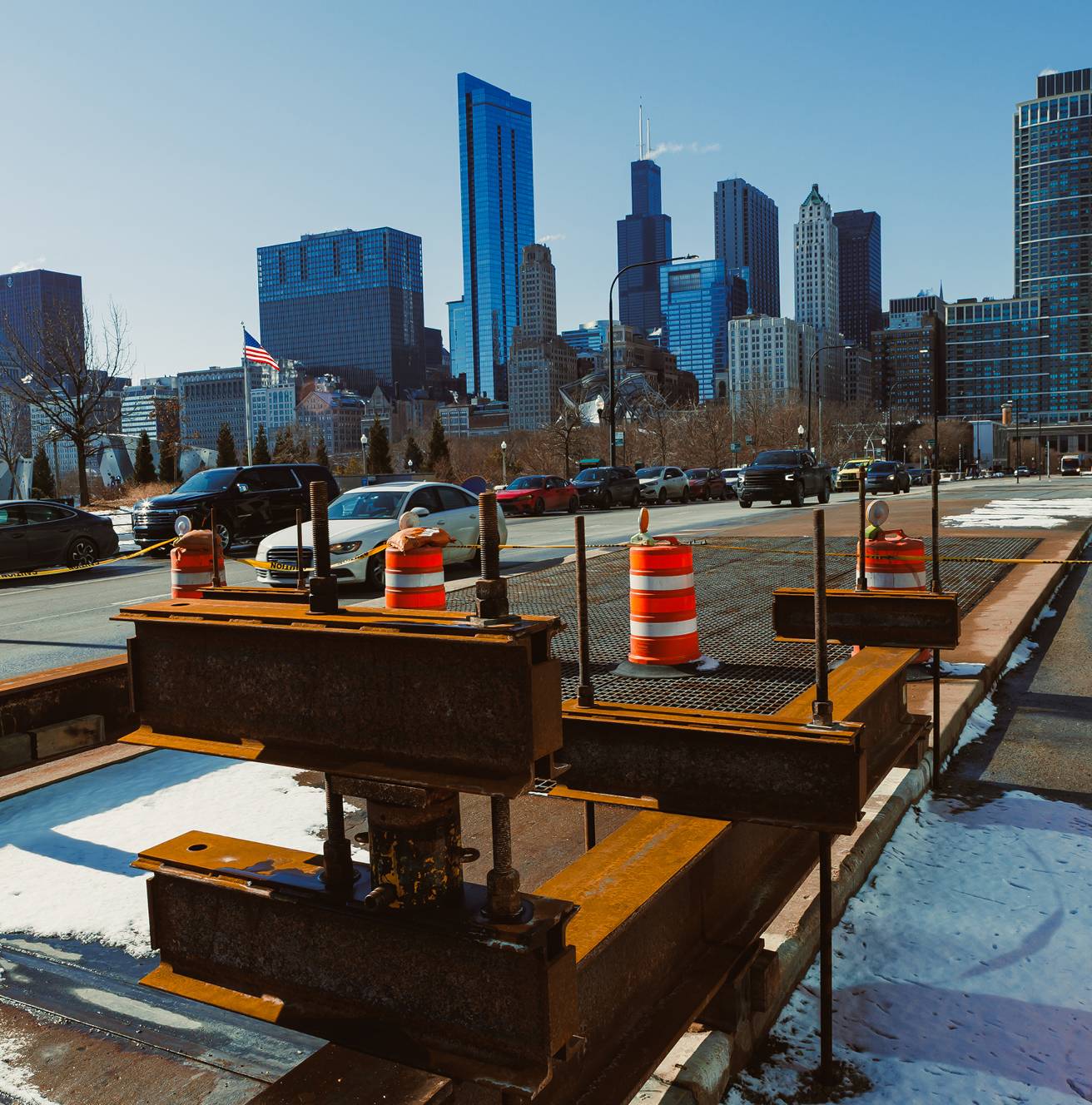 City skyline above an infrastructure construction site